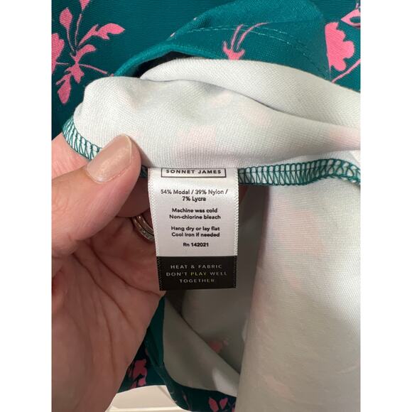 Sonnet James A Play Dress Short Sleeve Midi Teal Green with Pink Flower Pattern - Picture 5 of 7
